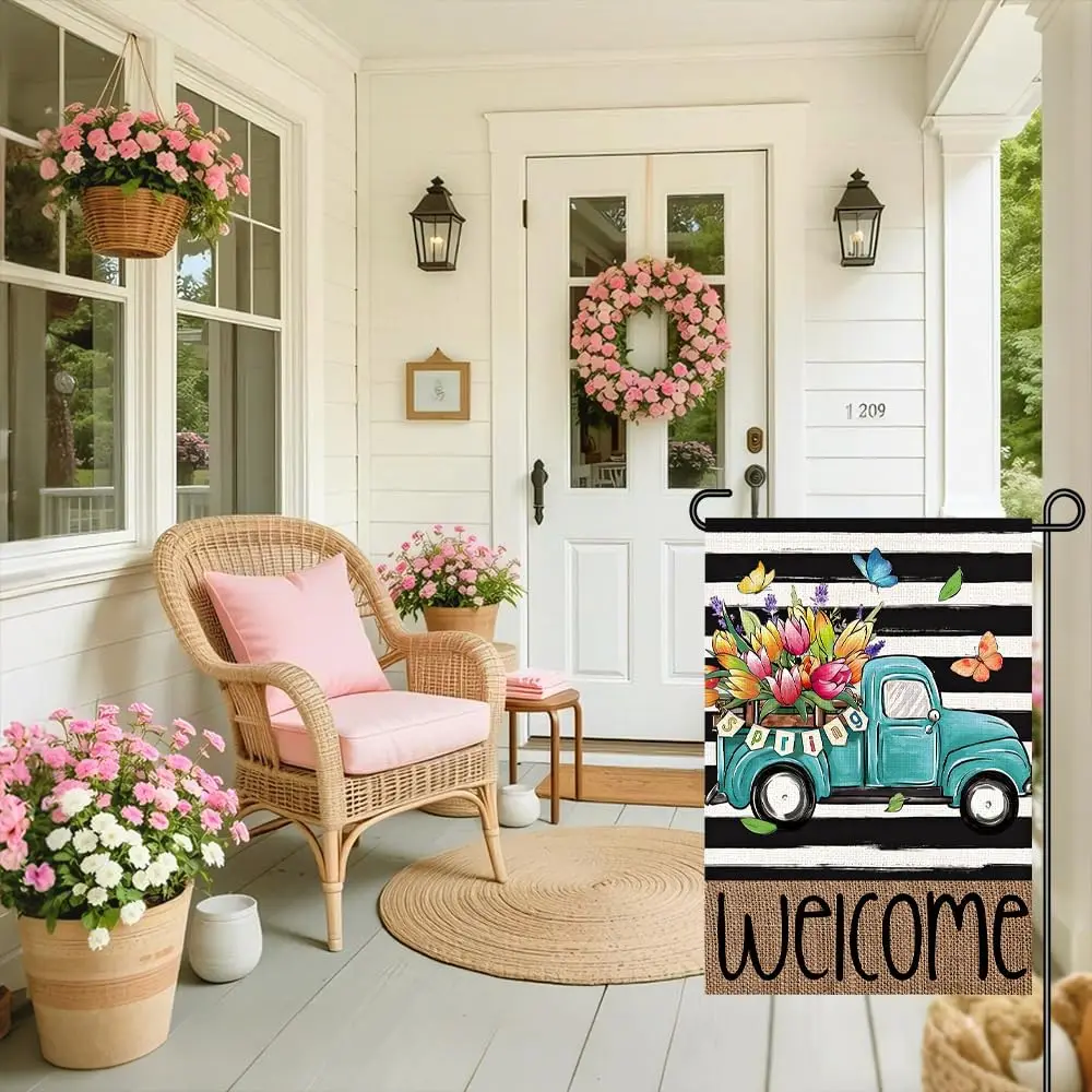 Spring Garden Flag 12x18 Inch, Teal Vintage Truck with Tulip Flowers, Black Stripe Burlap Outdoor Yard Flag, Double Sided We MMZ