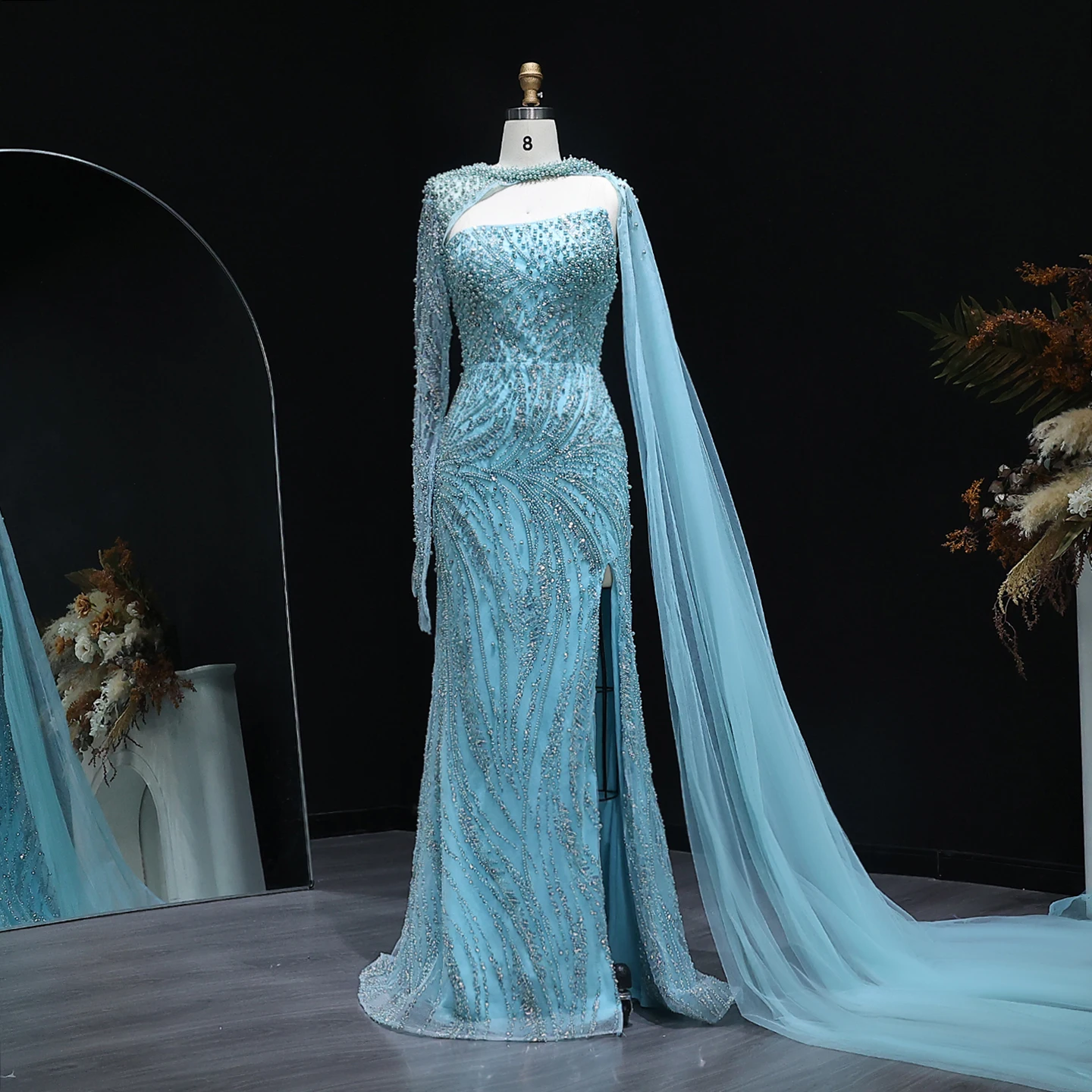 

Sharon Said Luxury Turquoise Pearls Memaid Side Slit Evening Dress with Cape Sleeves Elegant Party Prom Dresses SS705 Customized