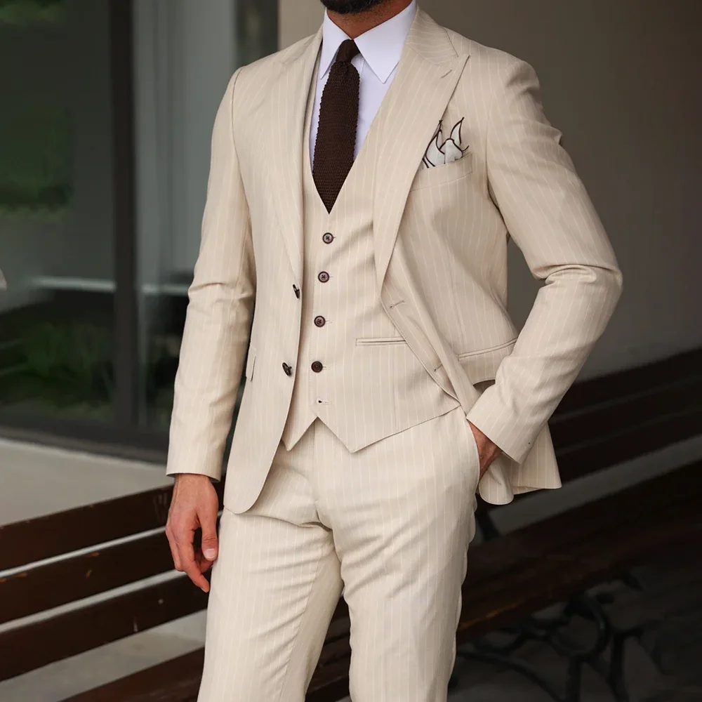 Beige Striped Men's Suits Chic Peak Lapel Single Breasted Outfits Fashion Formal Business Casual Office Male Suit 3 Piece