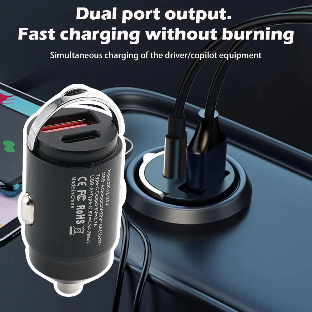 Black 115w Mini Car Charger Super Fast Charging Car Charging Car Pull Charging Car Drive Usb Charging Two Car One Hidden W4b2