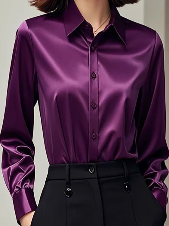 قميص نسائي أنيق بأكمام طويلة من الساتان لمقابلات العمل والتنقل، طبقة أساسية بأسلوب كوري فضفاض مع تفاصيل الأزرار #4