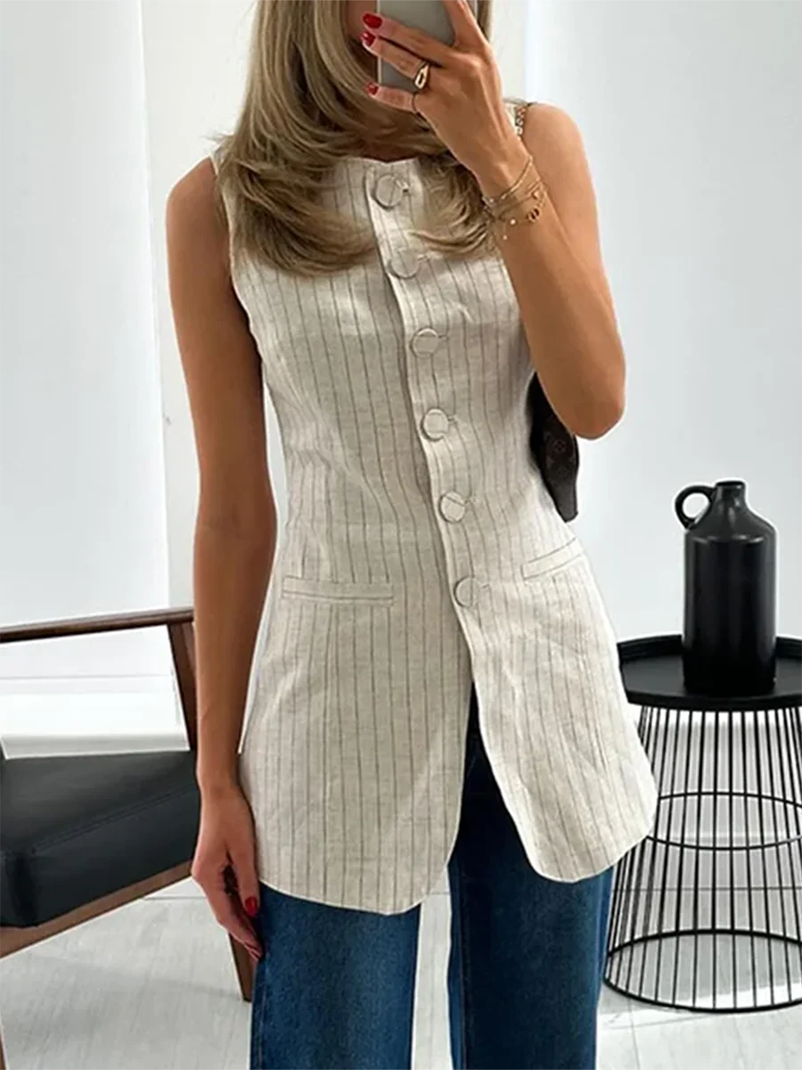 Women s Striped Long Vest Tops Button-up Sleeveless Dressy Suit Jacket Round Neck Waistcoat