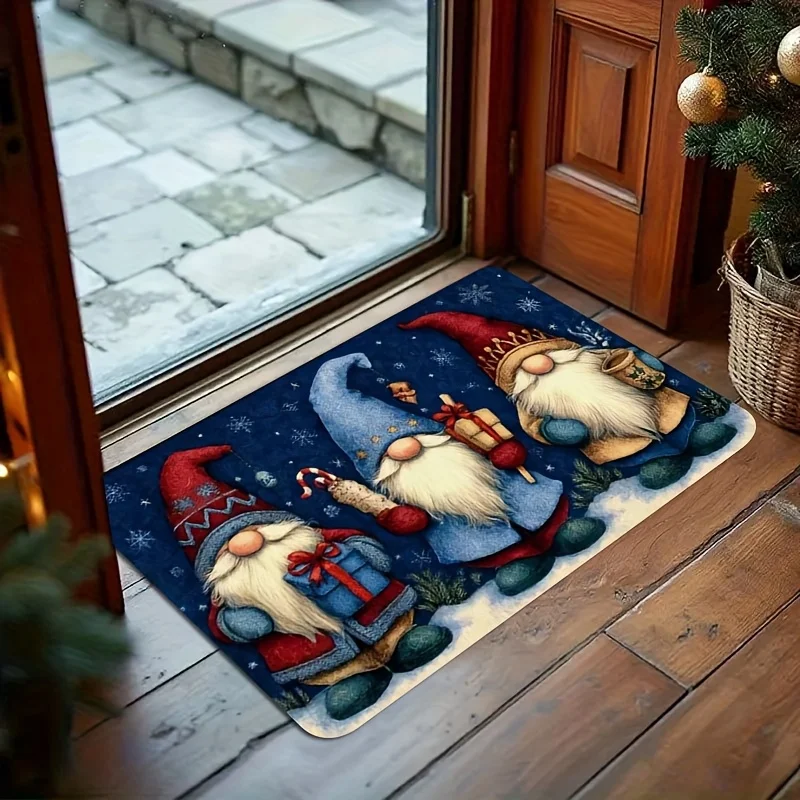1pc Christmas Gnome Welcome with Snowflake & Gnome Holding Gift Design - Plush Soft Mat for Outdoor Entrance, Porch, Kitchen