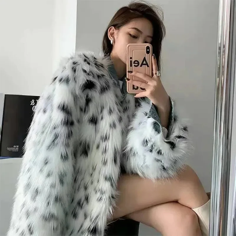 

Autumn Winter Faux Fox Fur Spotted Fake Fur Coat Women's Warm Plush Coat Medium Long Tops Outer Wear Simple Fashion Versatile