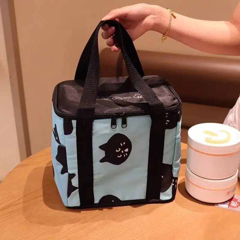Portable Black Cat Print Insulated Lunch Bag Thick Aluminum Foil Waterproof Thermal Food Handbag For Work Camping