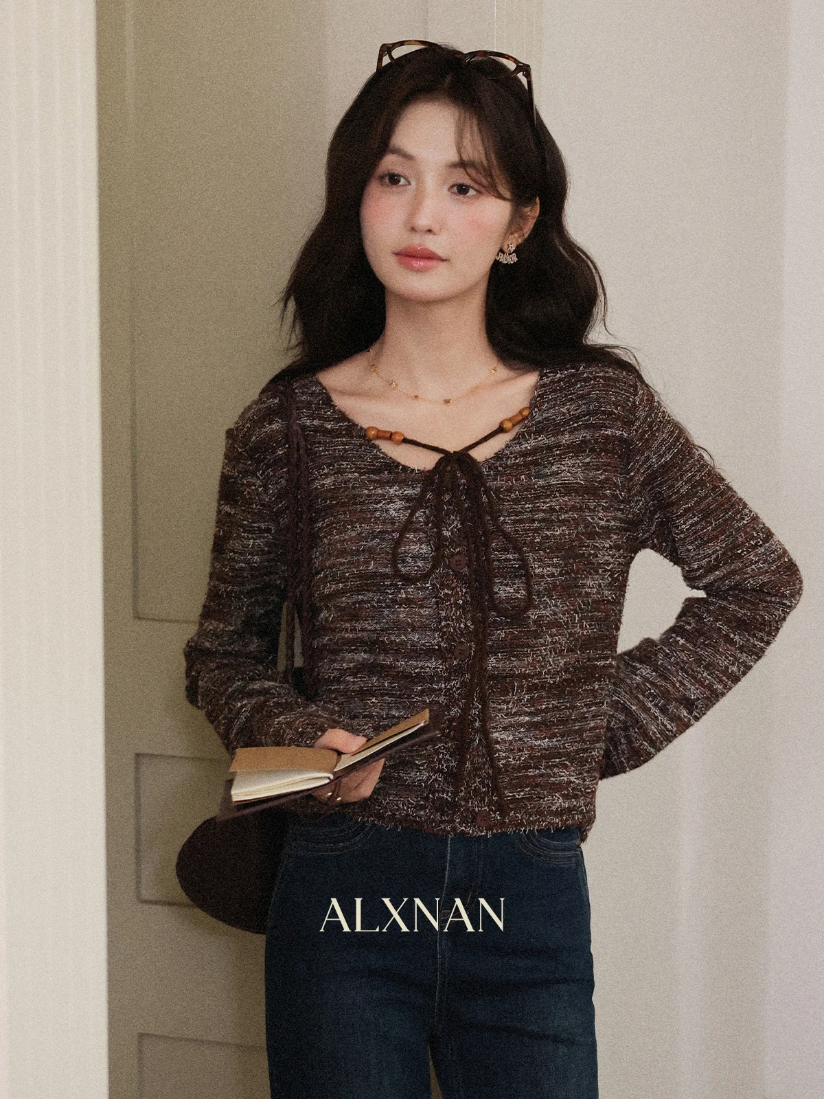 

Loose Long Sve Knitted Top with Belt Fem Korean Sle Striped Texture Feeling Early Autumn Women's Faion Casual Wear