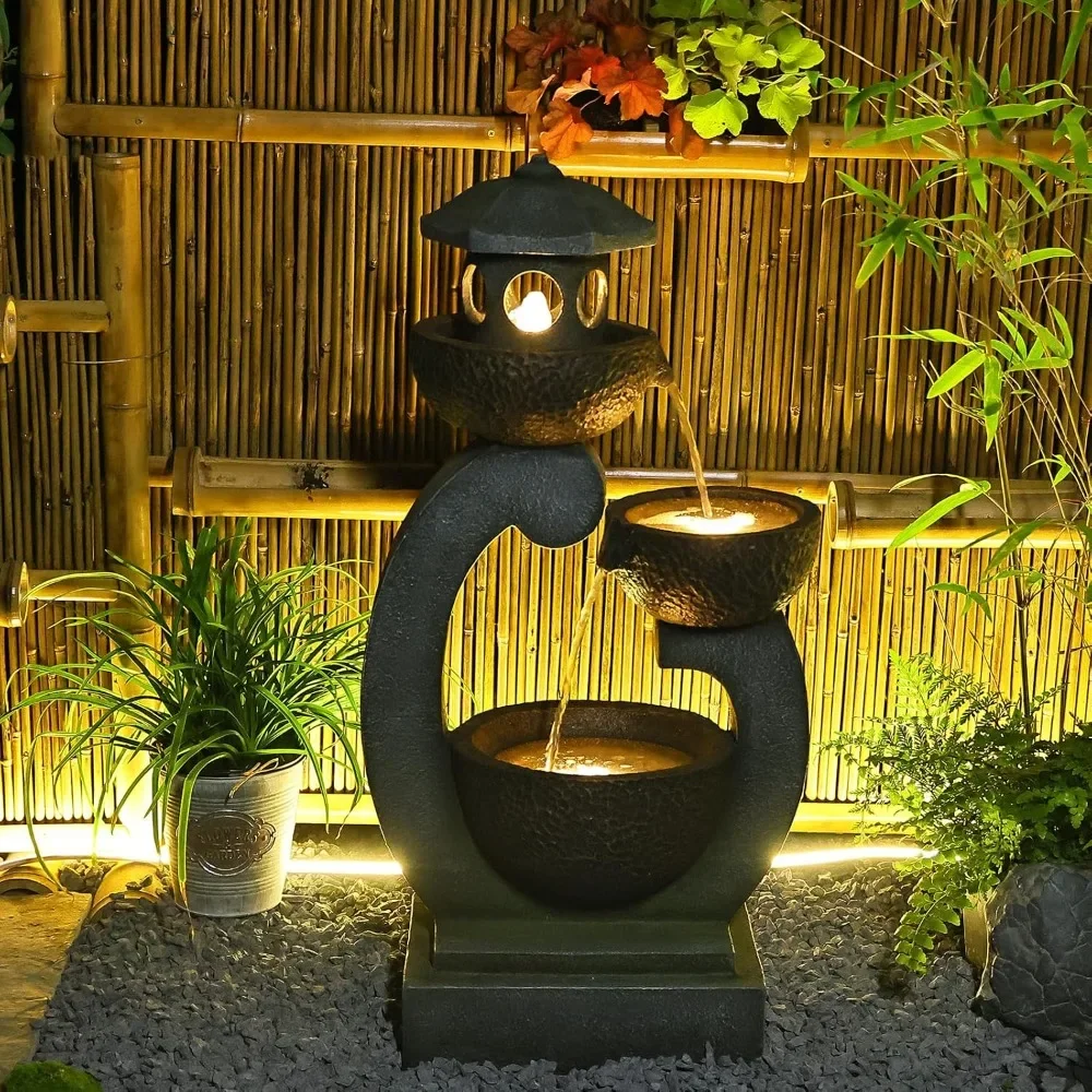 

Outdoor Garden Water Fountain - Modern Tranquil Zen Pagoda Waterfalls Fountains Bowl with LED Lights & Pump