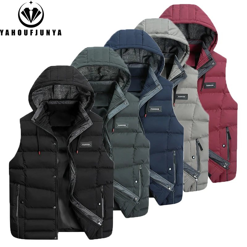 Men Autumn Sleeveless Fleece Pocket Zipper Solid Warm Vest Men Winter Detachable Hooded Outdoor Leisure Fashion Vest Male Coat