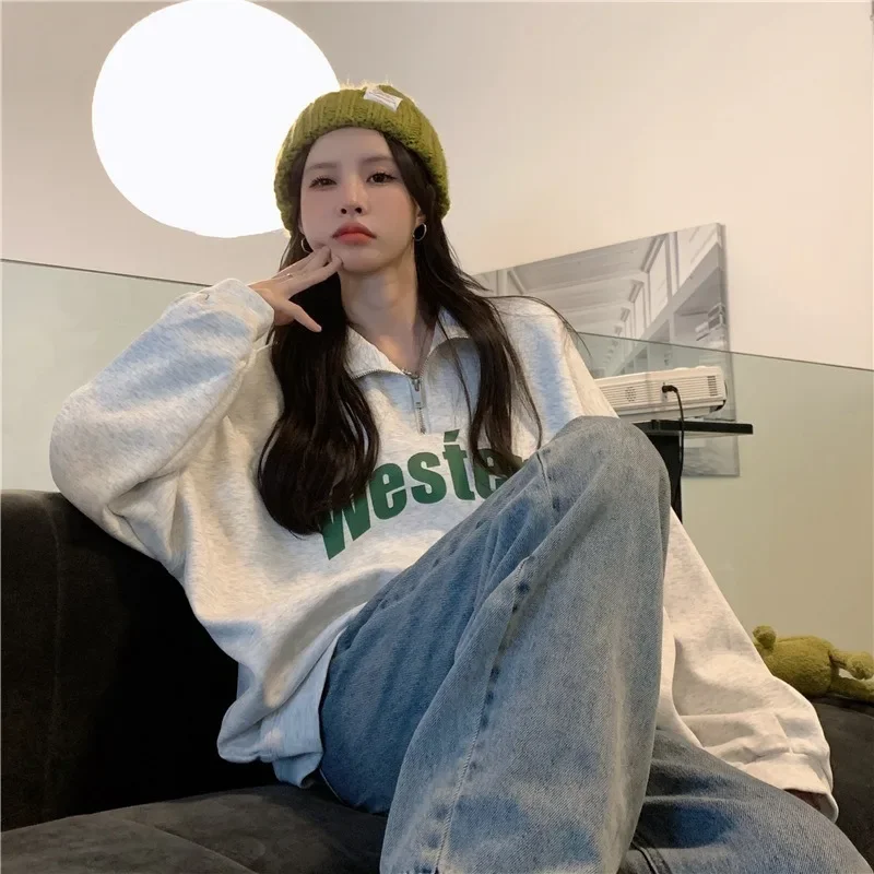 Winter Loose Sweatshirt Women Oversize Casual Zipped Stand Collar Pullover Hoodie Fashion Harajuku Streetwear Preppy Street Wear