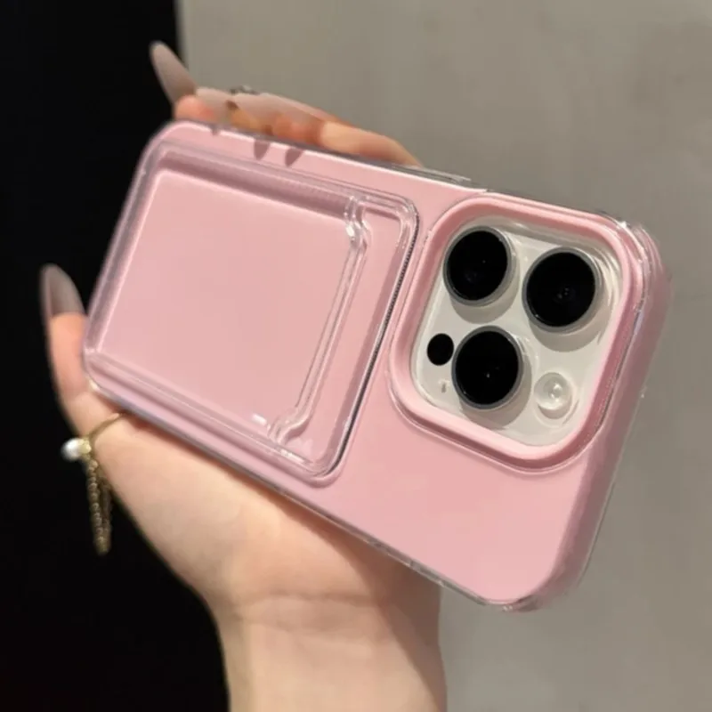 

With HD protective film 2in1 Card Holder Slot Wallet Photo Pocket Clear Candy Color Case For iPhone 16 15 14 13 12 11 Pro Max