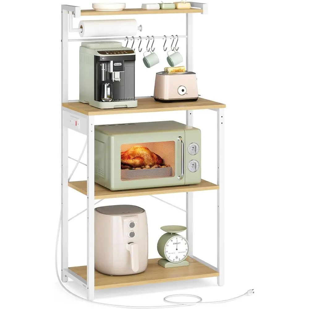 

Kitchen Bakers Rack with Power Outlet, Coffee Bar 4-Tier with 8 S Hooks, Microwave Stand, Adjustable Shelf, for Small Sp