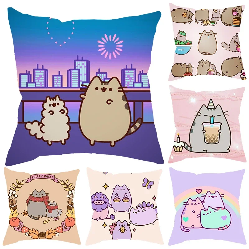 Kawaii Chubby Cat Print Sofa Cute Cartoon Gray Lazy Cat Creative Cushion Cover Pillowcase Home Decor Party Car Bedding