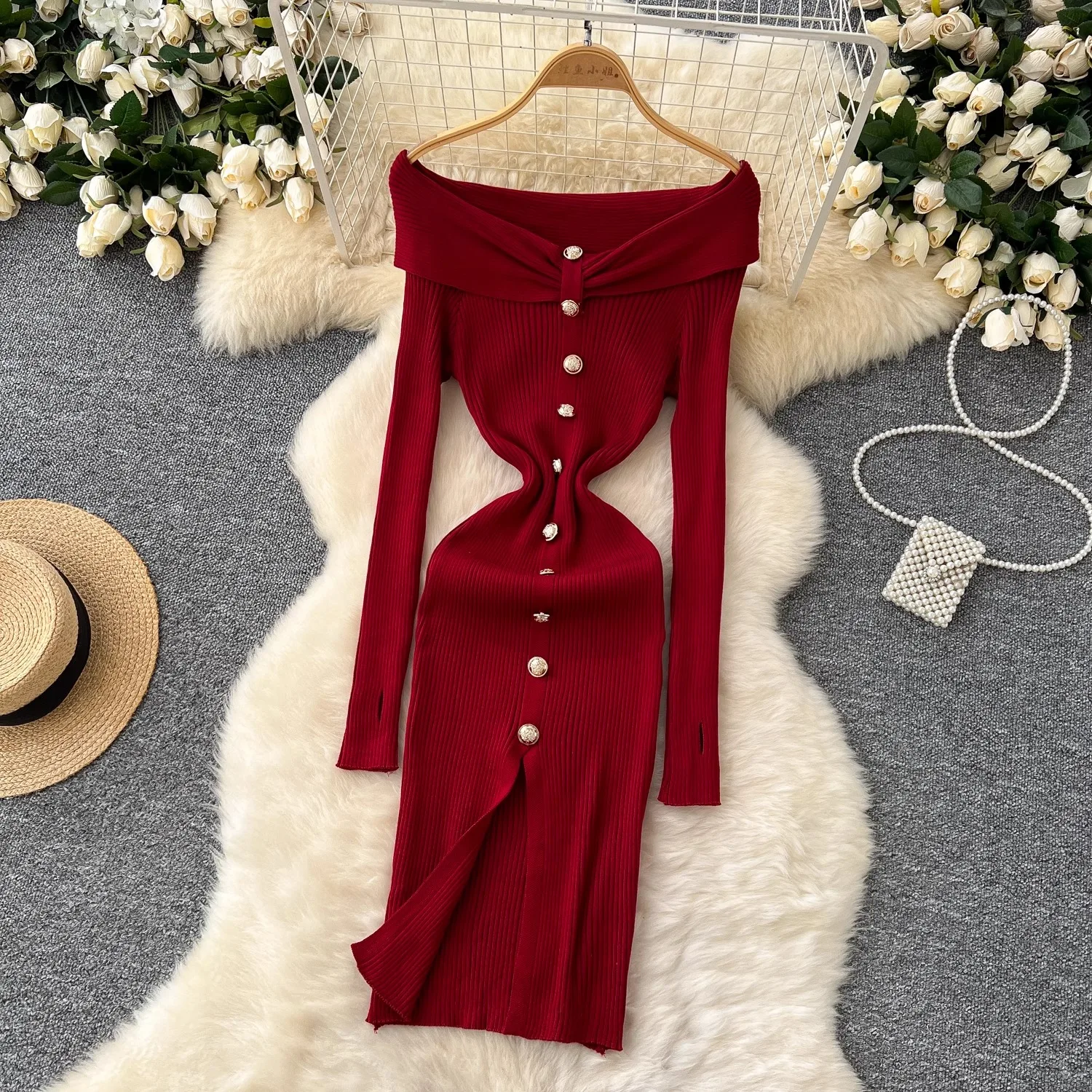 YuooMuoo Women Dress Sexy Off Shoulders Single-breasted Split Bodycon Dress Autumn Fashion Lady Wrap Hips Knitted Party Vestidos