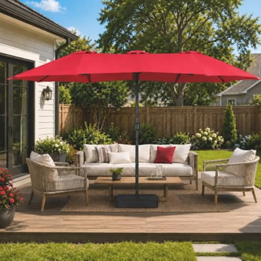 Patio umbrella for outdoor use, polyester fabric, beige, 15 feet double-sided with crank, 12 ribs and vented design