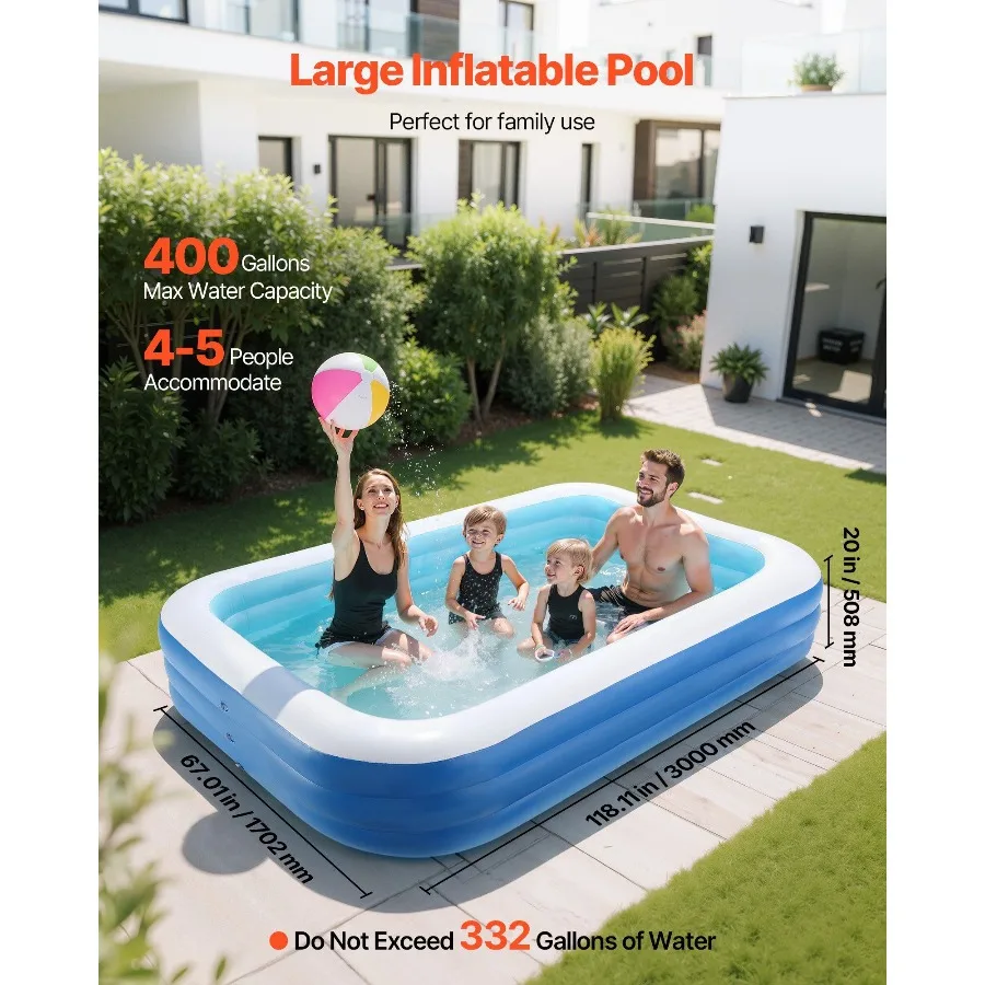 Inflatable Pool, 118 x 67 x 20 inch Large Inflatable Swimming Pool, Family Large Swimming Pools with Repair Patches, Blow Up