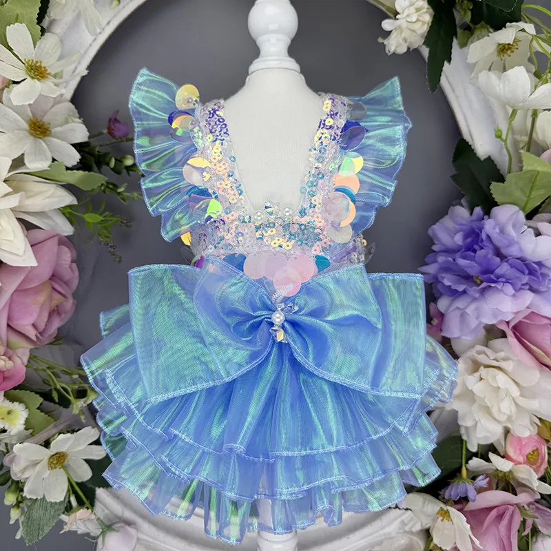 

Luxury Blue Pink Mermaid Princess Dog Dress Handmade Starfish Lace Bow Princess Skirt for Small to Medium Dogs Chihuahua