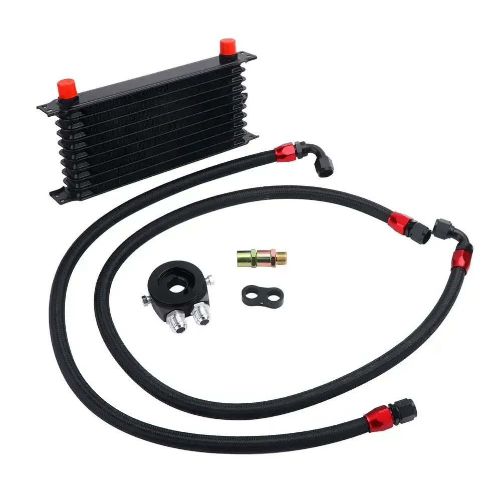 Universal Engine Transmission 10row Stacked-plate Oil Cooler Kit +Oil Filter Sandwich Adapter+ An10 Stainless Steel Braided Hose