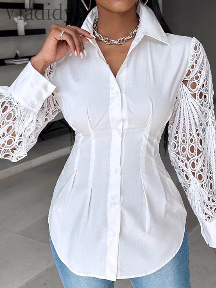 Women Turn-down Collar Lantern Sleeve Eyelet Embroidery Women Shirt