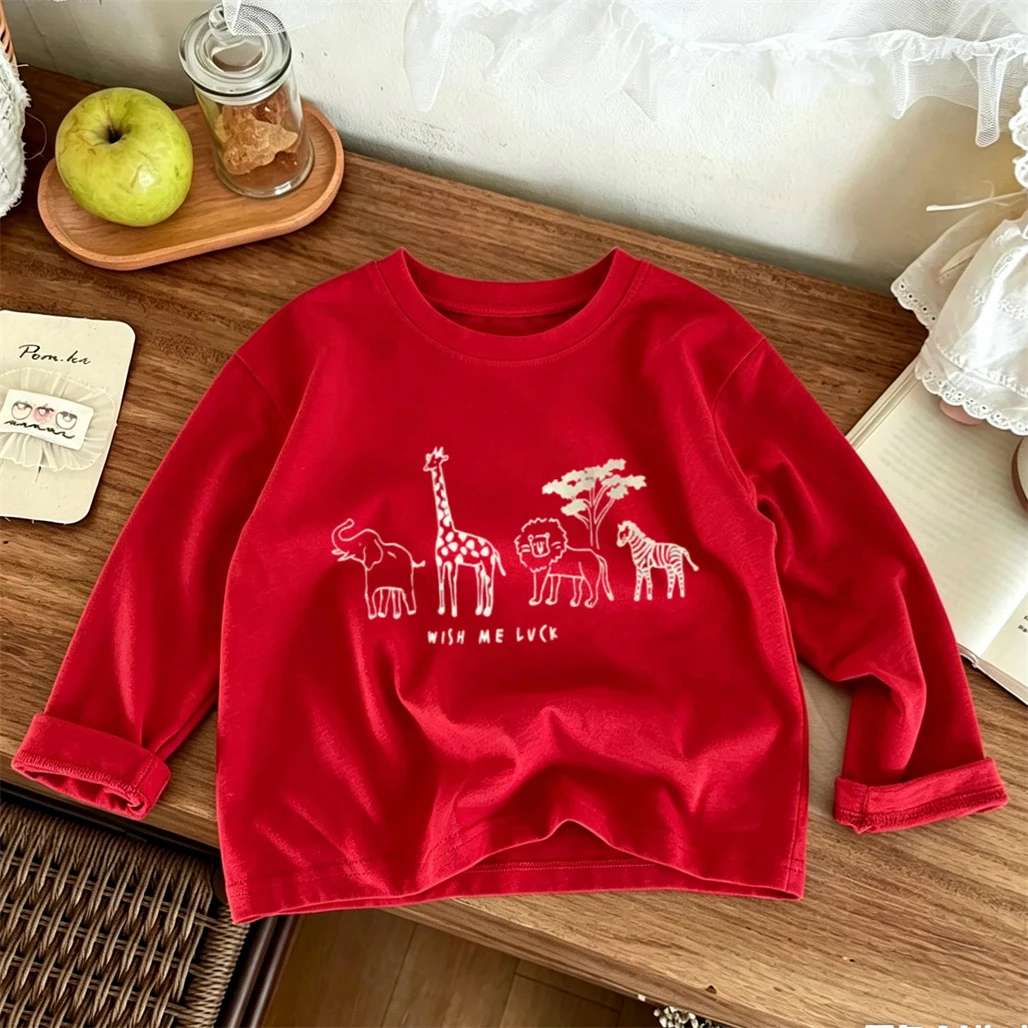 Child Long-sleeved Tops Cartoon Animals Print T-shirt Kids Round Neck Pullovers Boys Loose Casual Tees Spring Summer Clothing