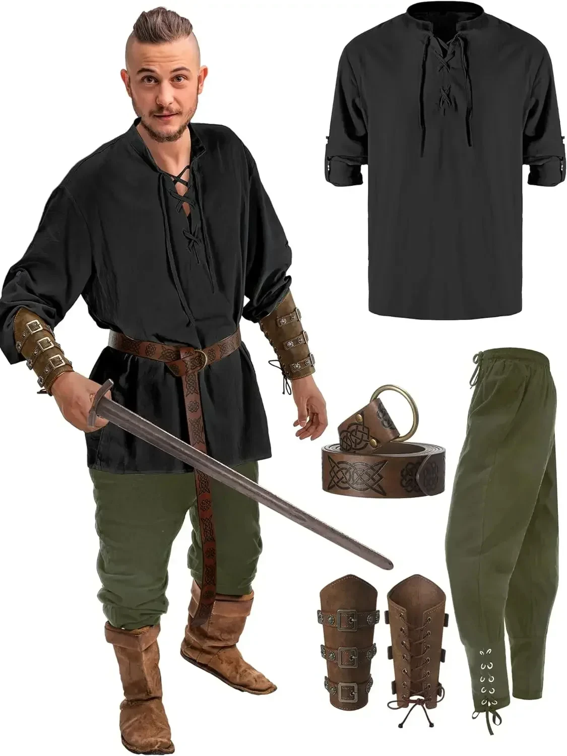 Medieval Renaissance Pants Outfits Retro Vintage Men's Pirate Cosplay Costume Halloween Waist Belt Shirt Arm Guards Accessories