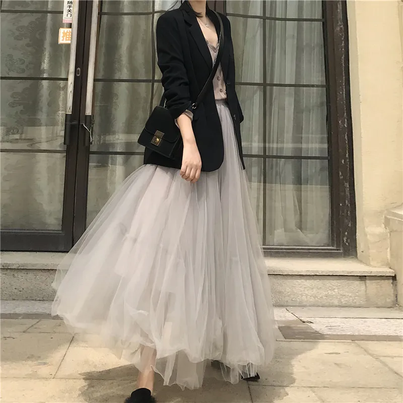 Women Midi Tulle Skirts High Waist Layered Solid Color Flowy A-line Long Tutu Skirts