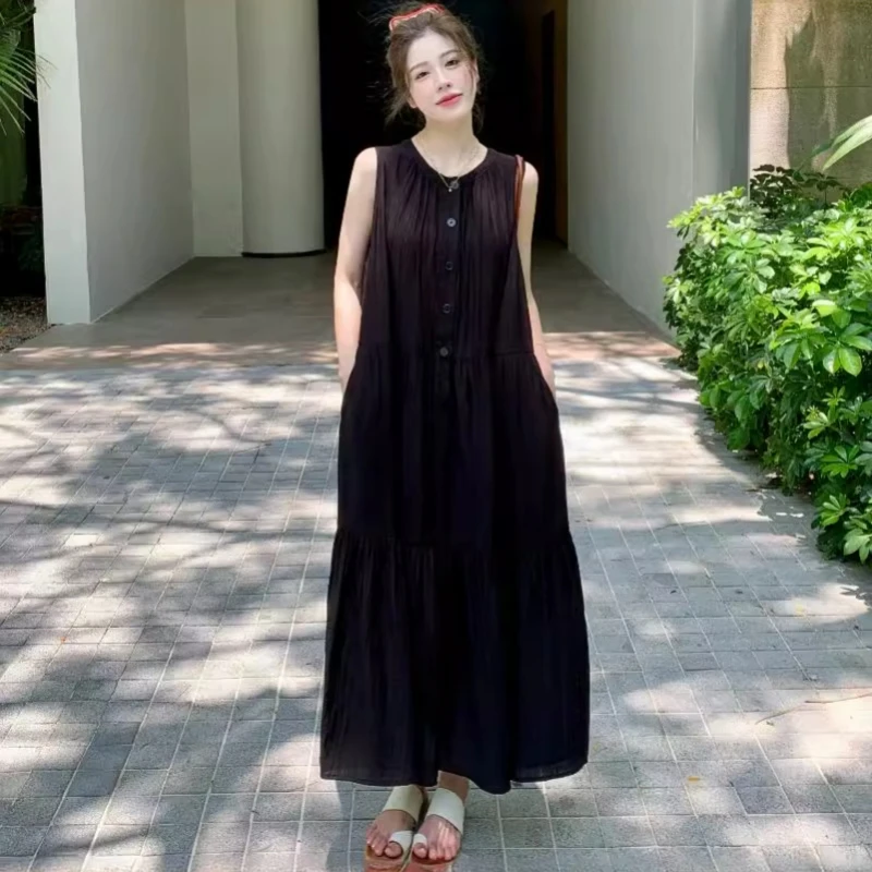 أنيقة الصيف جديد كوريا امرأة فستان كاجوال Vestidos رداء Elbise فضفاض حجم كبير سترة دون أكمام طويلة ألف خط تنورة فستان ماكسي