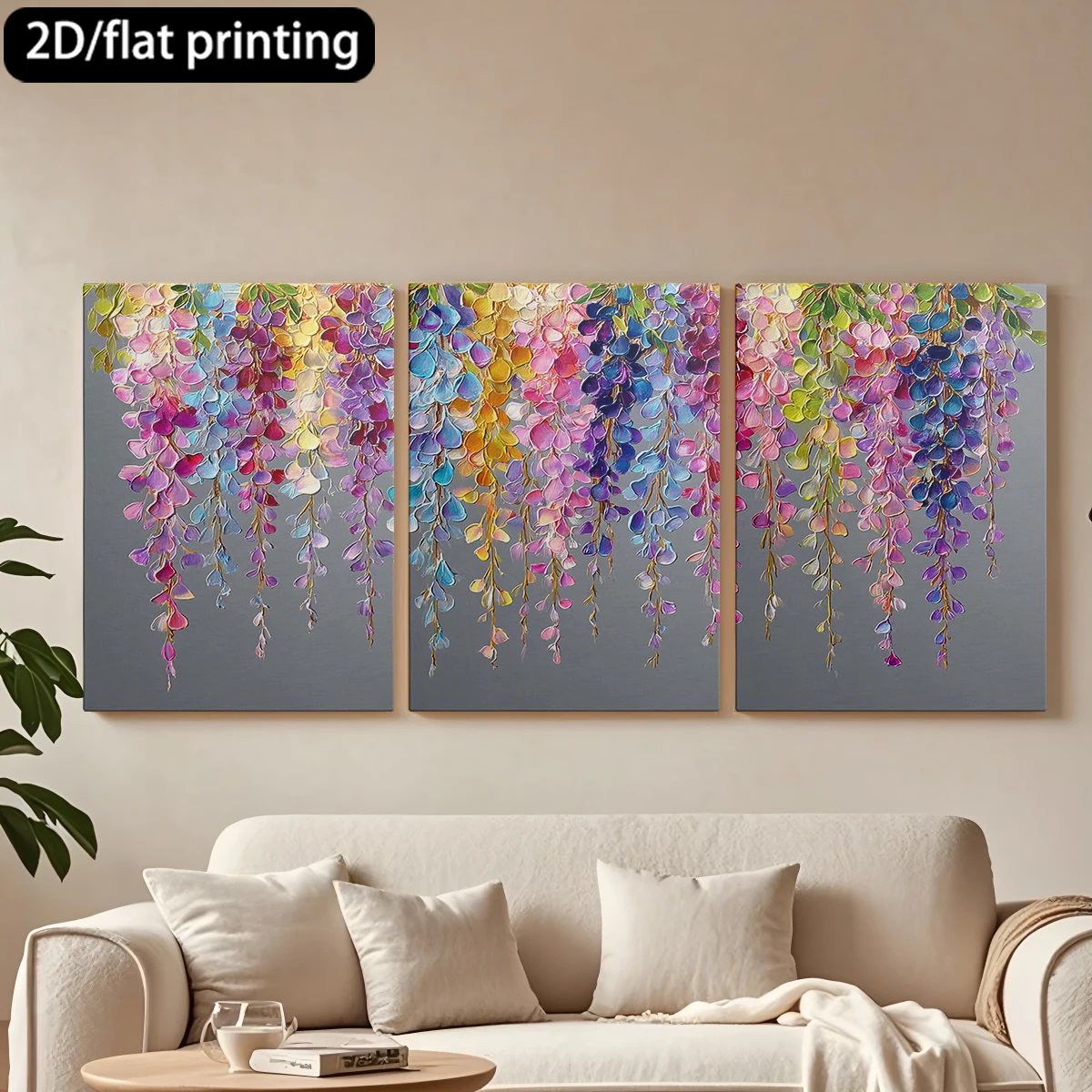 

2D плоская печать, 3-х частная декоративная картина на холсте в деревянной раме. Подвесная картина с глицинией и цветочными гирляндами. Декор для коридора и спальни.