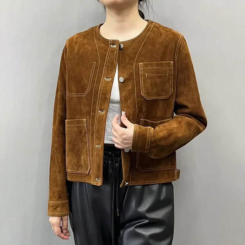 Short Leather Suede Jackets Women Lapel Collar Long Sleeves Button-up Front Buckle Cropped Lady Vintage Female Suede Jacket