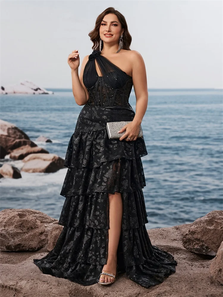 Lucyinlove 플러스 사이즈 럭셔리 비대칭 어깨 케이크 드레스 럭셔리 슬릿 포멀 이브닝 드레스 우아한 웨딩 파티 칵테일 가운