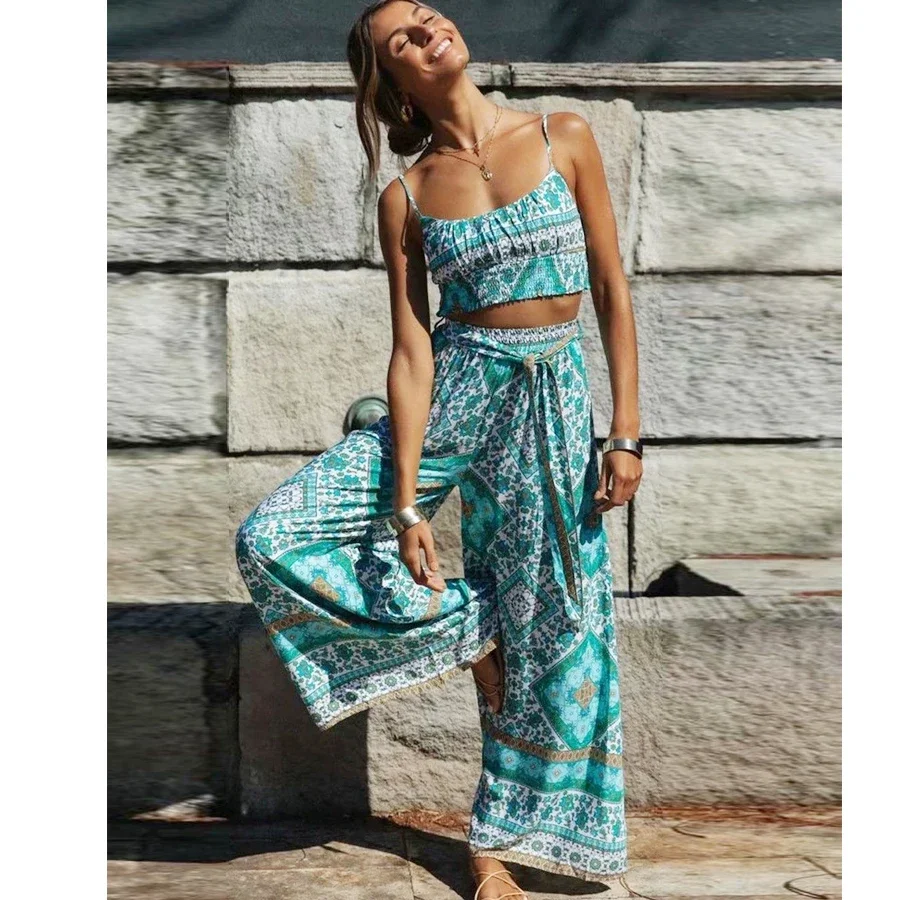 

TEELYNN 2024 Wide-leg Pants and Crop Top Suit Beach Bohemia Cotton Women's Summer Two Pieces Set Ladies Boho Floral Suits Casual