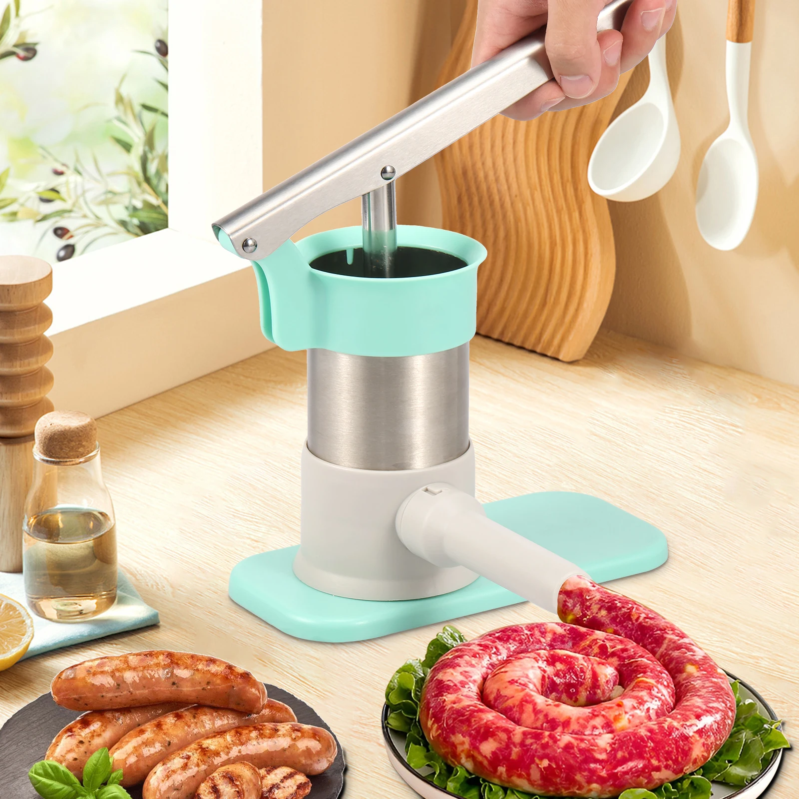 Sausage Stuffer Stainless Steel Sausage Making Tool with 4 Stuffing Tubes Sausage Stuffer Machine Removable Meat Filling Machine