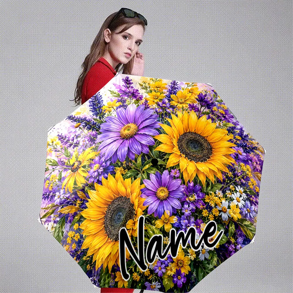 Custom Name Umbrella Sunflower and Lavender Floral Garden 8 Iron Ribs Folding Umbrella Auto-Open Fashion Sunshade