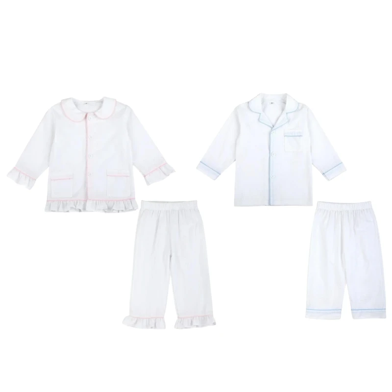 Весенне-летние детские пижамные комплекты, домашняя одежда для маленьких девочек и мальчиков, шикарные наряды, белые мягкие детские пижамные комплекты Seersucker с длинным рукавом