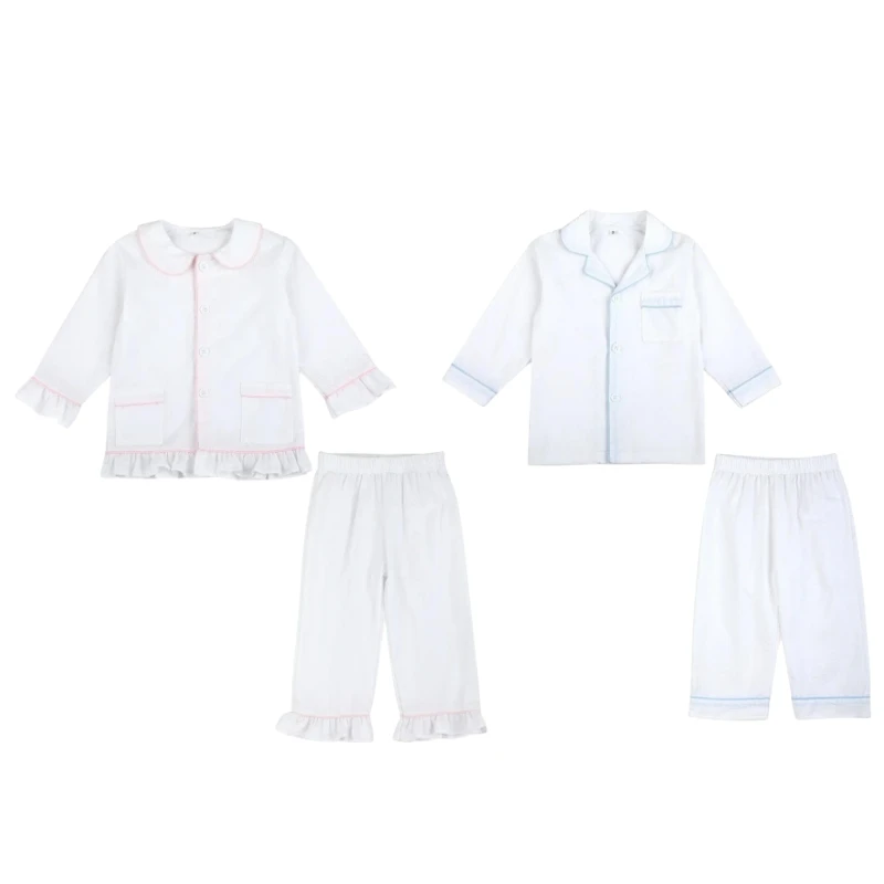 Spring Summer Children Pajamas Sets Baby Girls Boys Homewear Sibling Outfits White Seersucker Soft Kids Long Sleeve Pyjamas Set