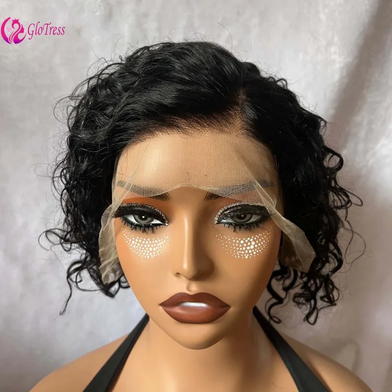 

200% Density 12A Human Hair 13x4 Lace Frontal Curly Pixie Cut Wig Brazilian Virgin Remy Hair Natural Look Comfortable 6 Inches