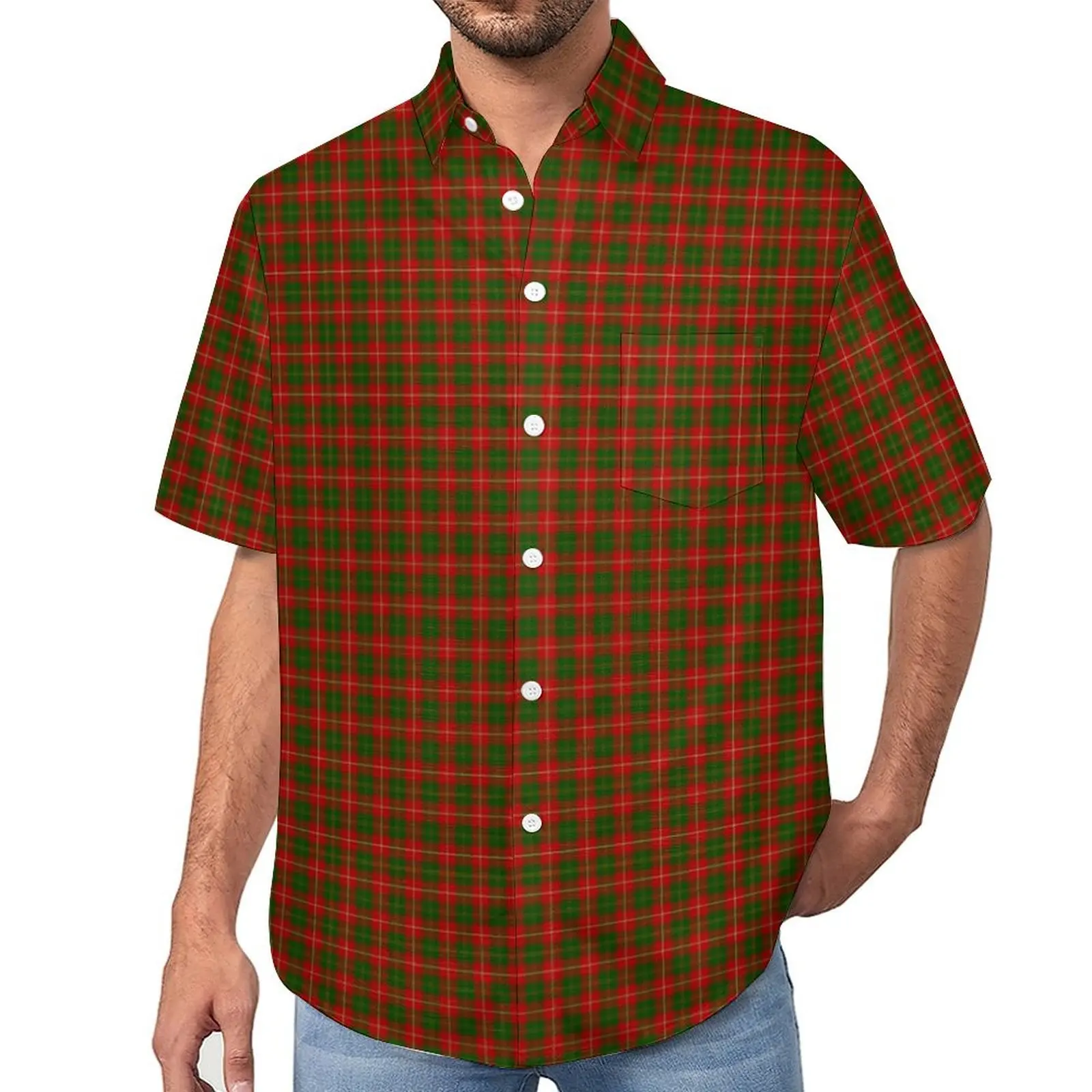 

Red Green Plaid Blouses Men Vintage Check Casual Shirts Summer Short Sleeve Custom Aesthetic Oversize Vacation Shirt Gift