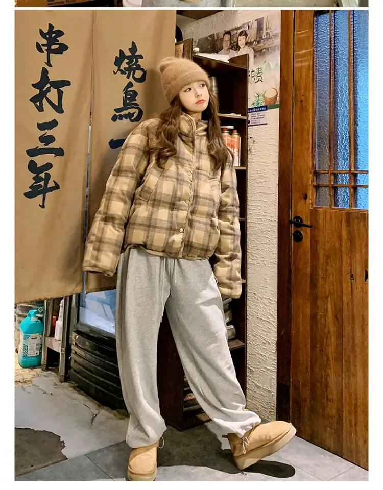 Retro Plaid Short Padded Jacket for Women Autumn Winter Maillard Style Thick Warm Outerwear Female Casual Korean Puffer Jackets