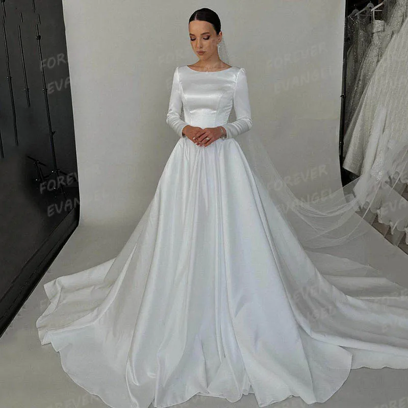 Formal Simple Wedding Dresses Woman's A Line Sexy Smooth Satin Long Sleeve Sweep Train Bride Gowns Customized Vestidos De Noche