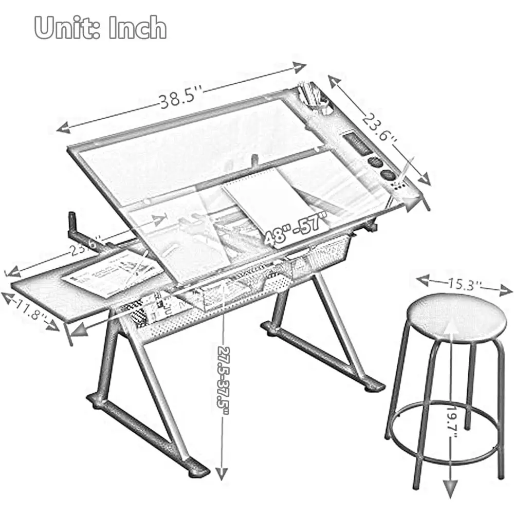 Adjustable Height Glass Art Desk with Stool and Multi-Storage for Sketching and Painting, Ideal for Artists and Hobbyists, Black view 2