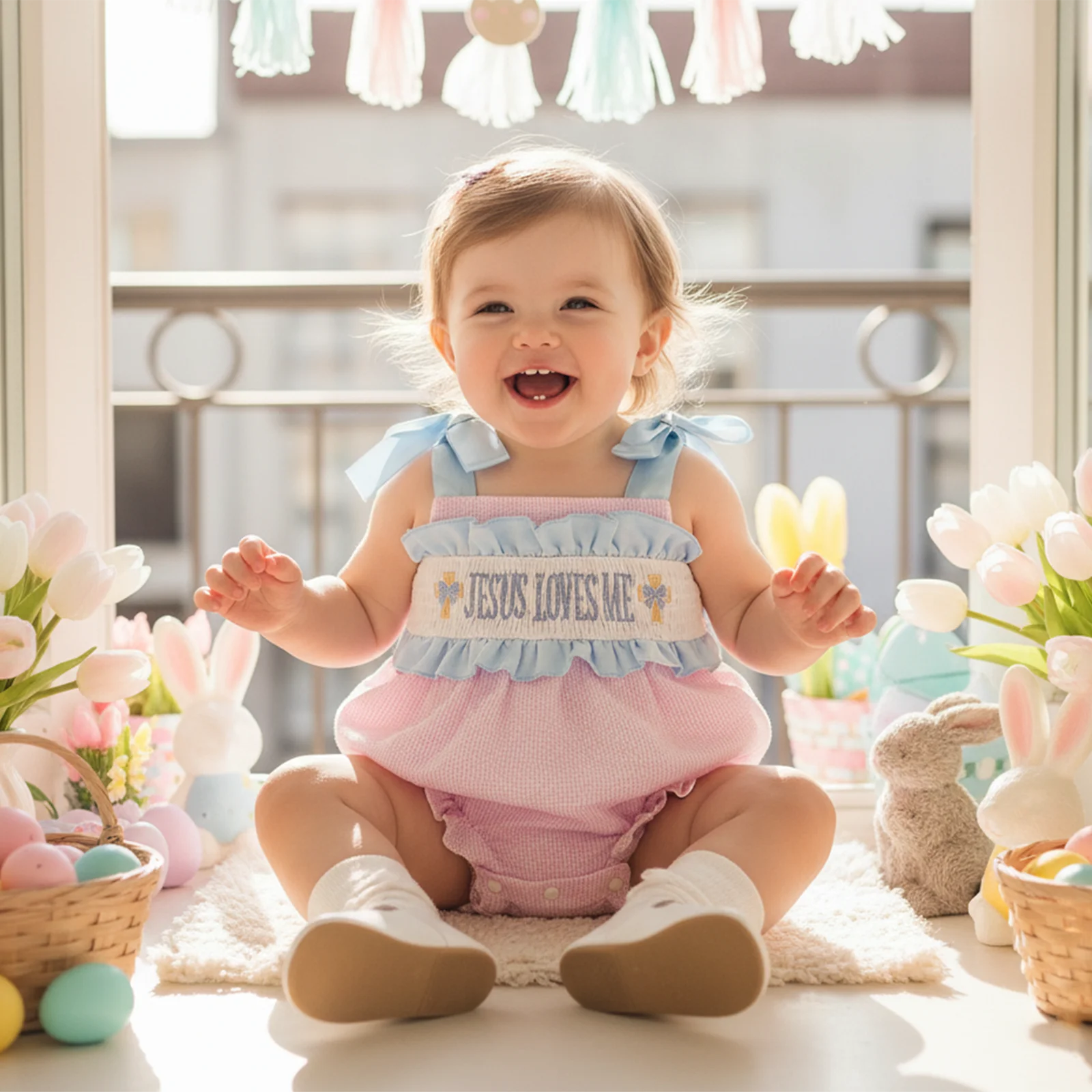 Cute Easter Baby Girls Rompers Adorable Letter Embroidery Sleeveless Square Neck Bodysuits Jumpsuit for Holiday Daily Wear