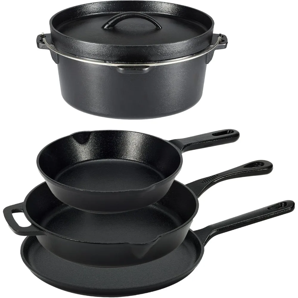 

Amazon Basics Pre-Seasoned Cast Iron 5 Pieces Kitchen Pots and Pans Cookware Set, Black, 14.17 x 12.2 x 10.63 in
