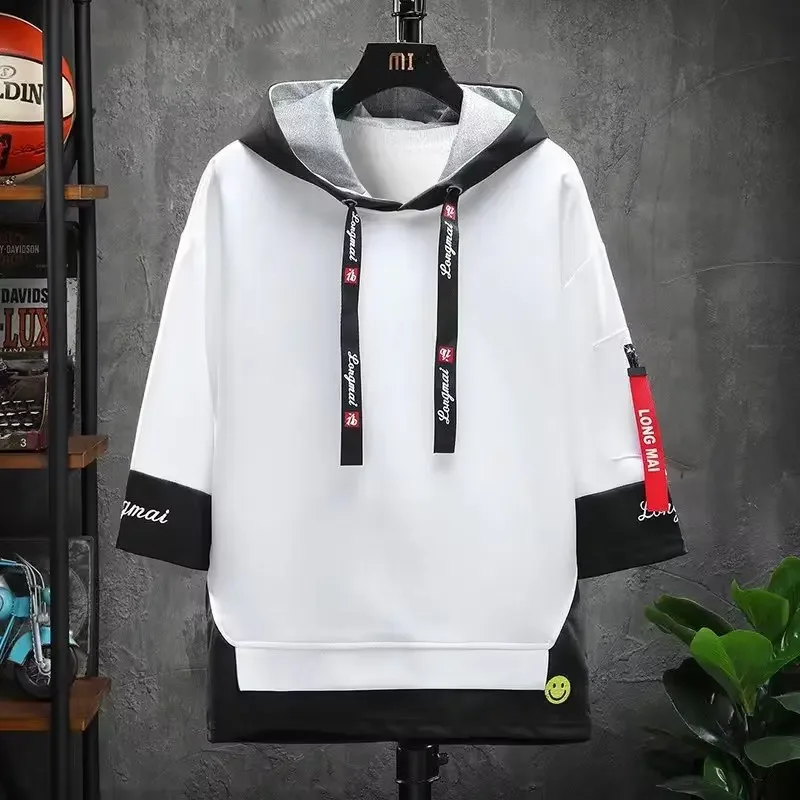 Trendy Design Sensibility Loose-fit Hooded Sweatshirt Top Two-piece Illusion Style Suitable For Youth Casual Summer Wear