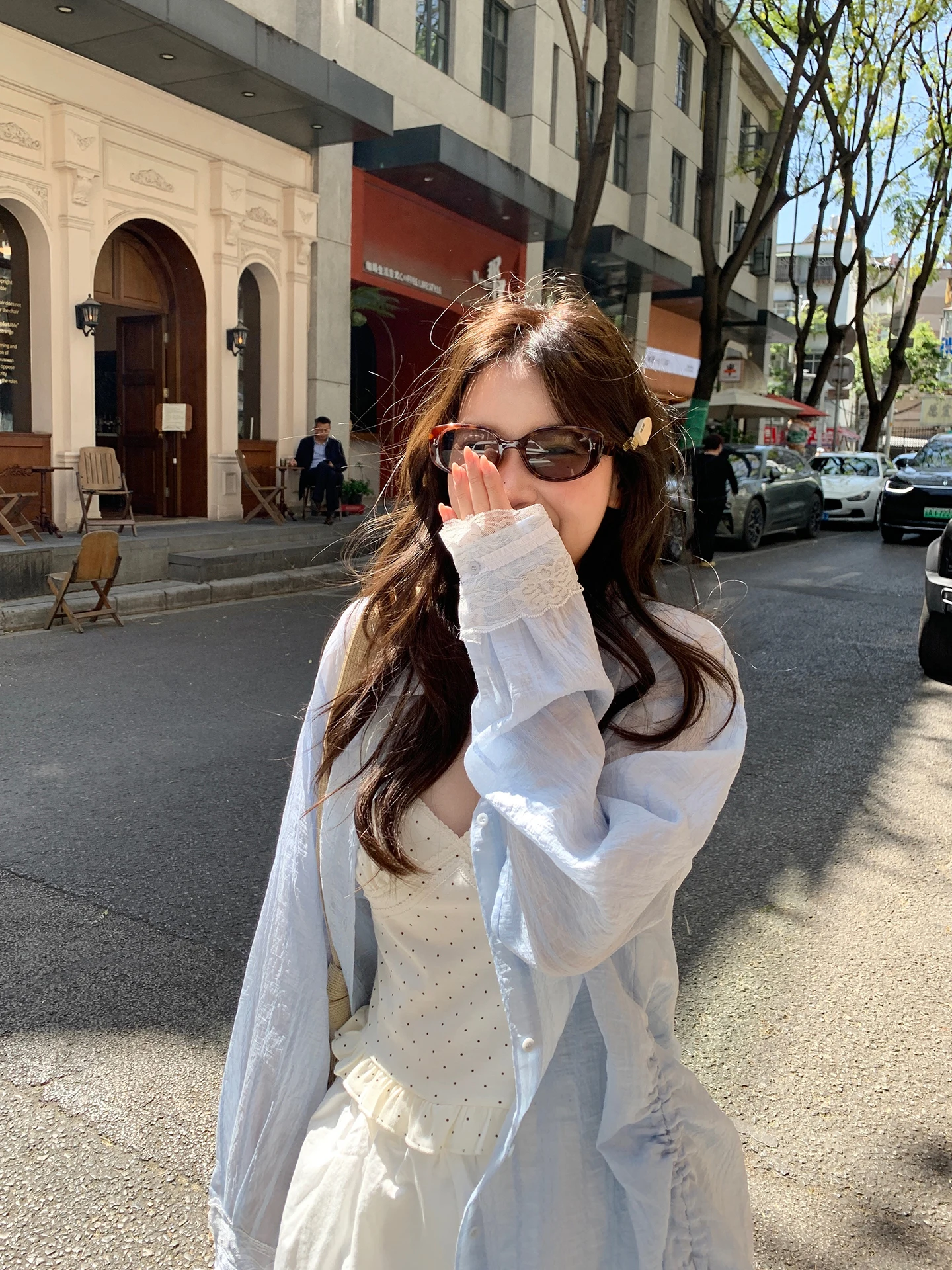 

Blue Lace Long Sleeve Loose Women's Shirt Korean Style Slimming Cheesecake Bunny Collar Button up Casual Fashion Top