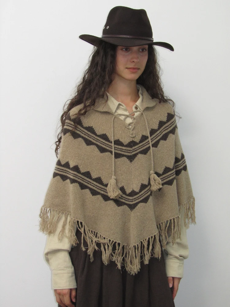 Fall Winter Capes Shawls Women Nomadic Bohemian Ultra Fine Merino Wool Blended Knitted Cape Shawl V-Shaped Tassel Cape Shawl