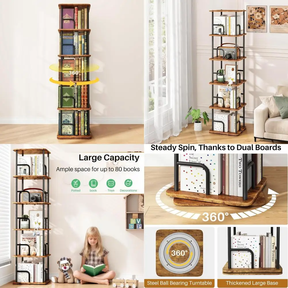 5-Tier Rotating Bookshelf for 360° Access, Revolving Wooden Bookcase Tower, Space-Saving Narrow Book Shelf for Organization