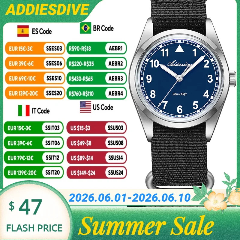 

ADDIESDIVE 10Bar Waterproof 316L Stainless Steel Wristwatches 36mm Bubble Mirror Glass Japan VH31 Quartz Watches Fashion Watch