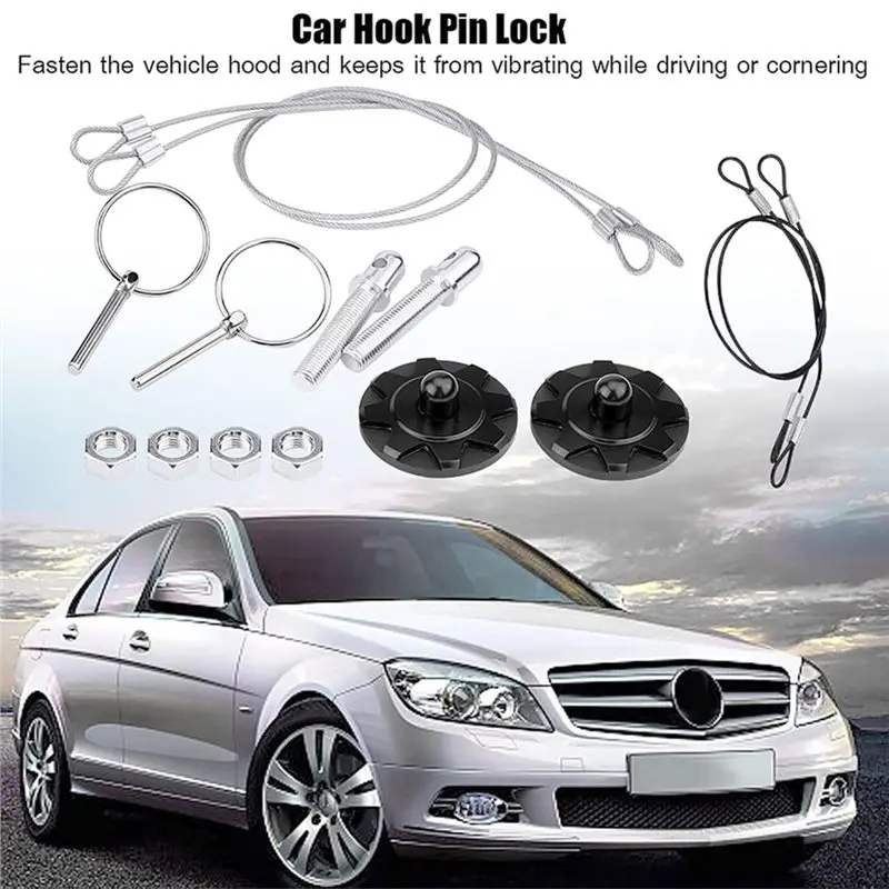 AB56-Car Racing Hood Pin Lock Kit-Universal Hood Pin Plate Kit(Black) Featuring Anti-Loss Steel Cable Design