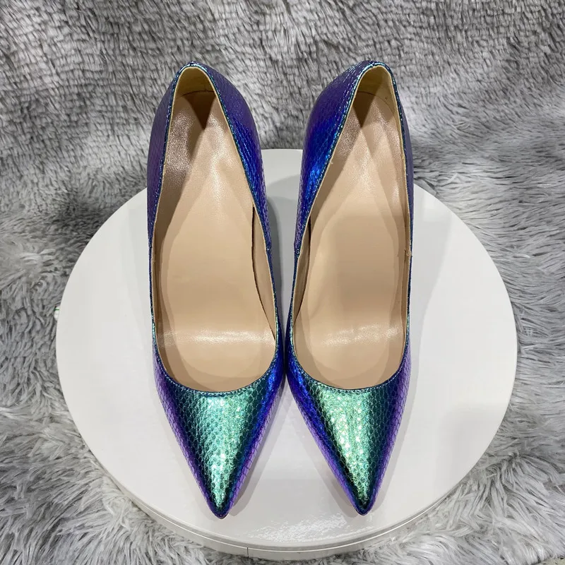 Veowalk Shiny Blue Snakeskin Pattern Women Sexy Pointed Toe Slip On Stiletto Pumps Sparkly Party Night Club High Heel Shoes