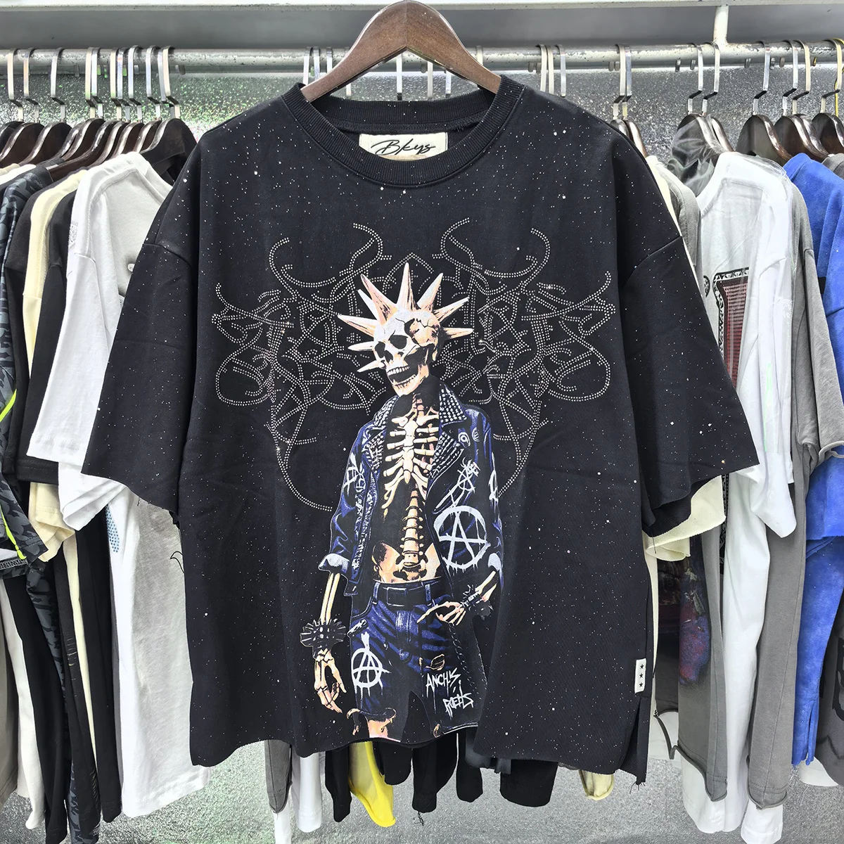 Cool Skeleton Print American Hip Hop Rock INS Trendy Brand Distressed Fleece Sweatshirt Fabric Short Sleeve T-Shirt