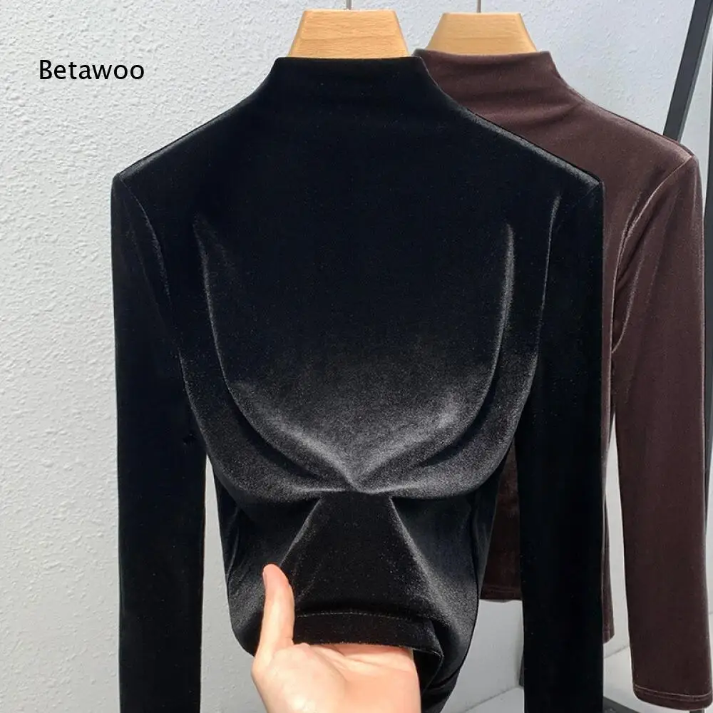 Elegant Close Fitting Velvet Layering Top Half High Neck Long Sleeve Back Twisted Ruched Solid Color Basic Shirt